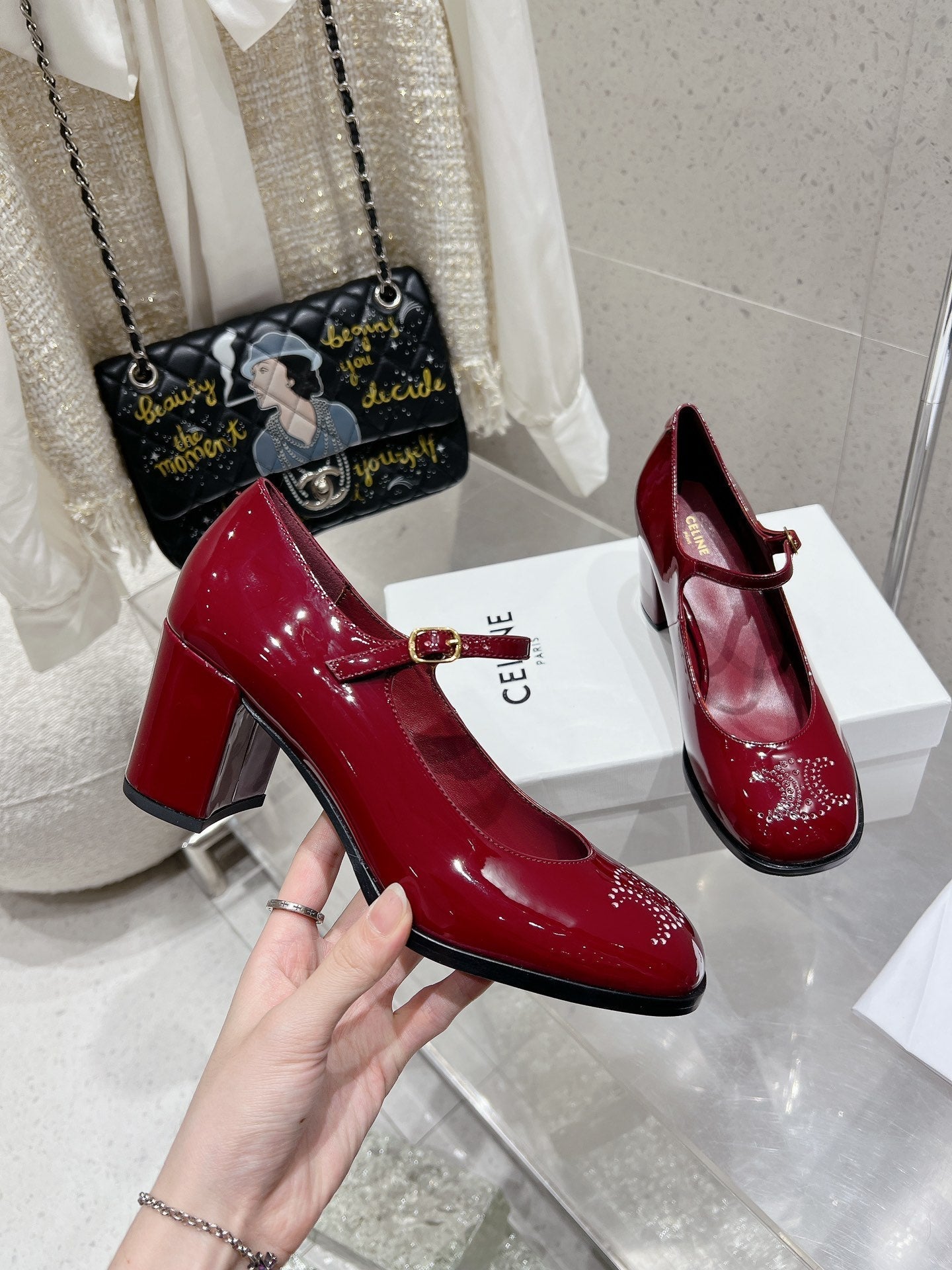 HIGH MARY JANE SHOES IN GARNET RED PATENT CALFSKIN - 35