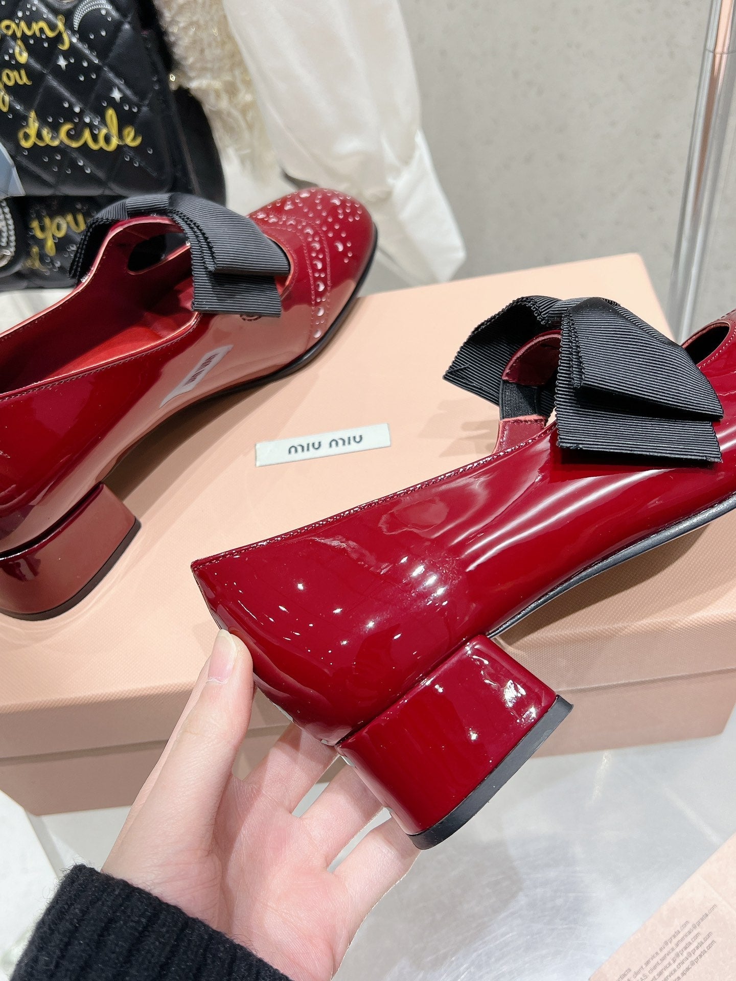 MARY JANE MID HEEL PUMPS IN RUBY RED PATENT LAMBSKIN WITH BOW - 35