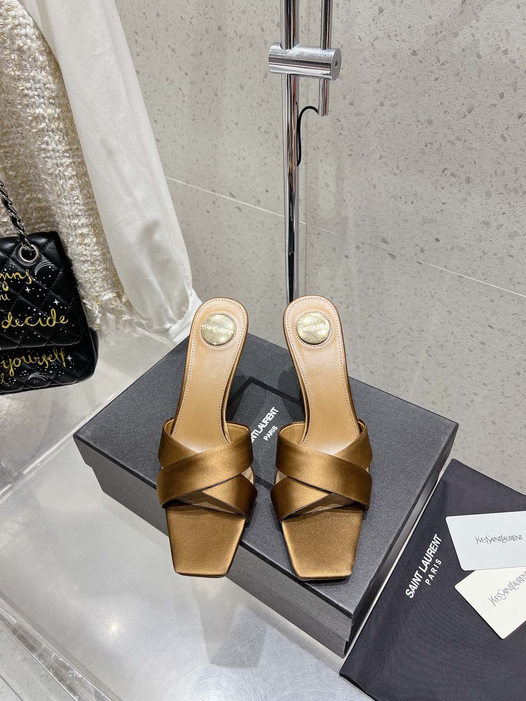 OPYUM HIGH MULES 85 MM IN METALLIC GOLD SATIN CREPE - 35