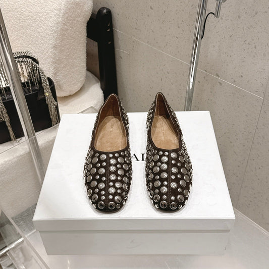 БАЛЕТКИ CELINE 26S З ТЕМНО-КОРИЧНЕВОЇ ЗАМШІ З МЕТАЛЕВИМИ ЗАКЛЕПКАМИ