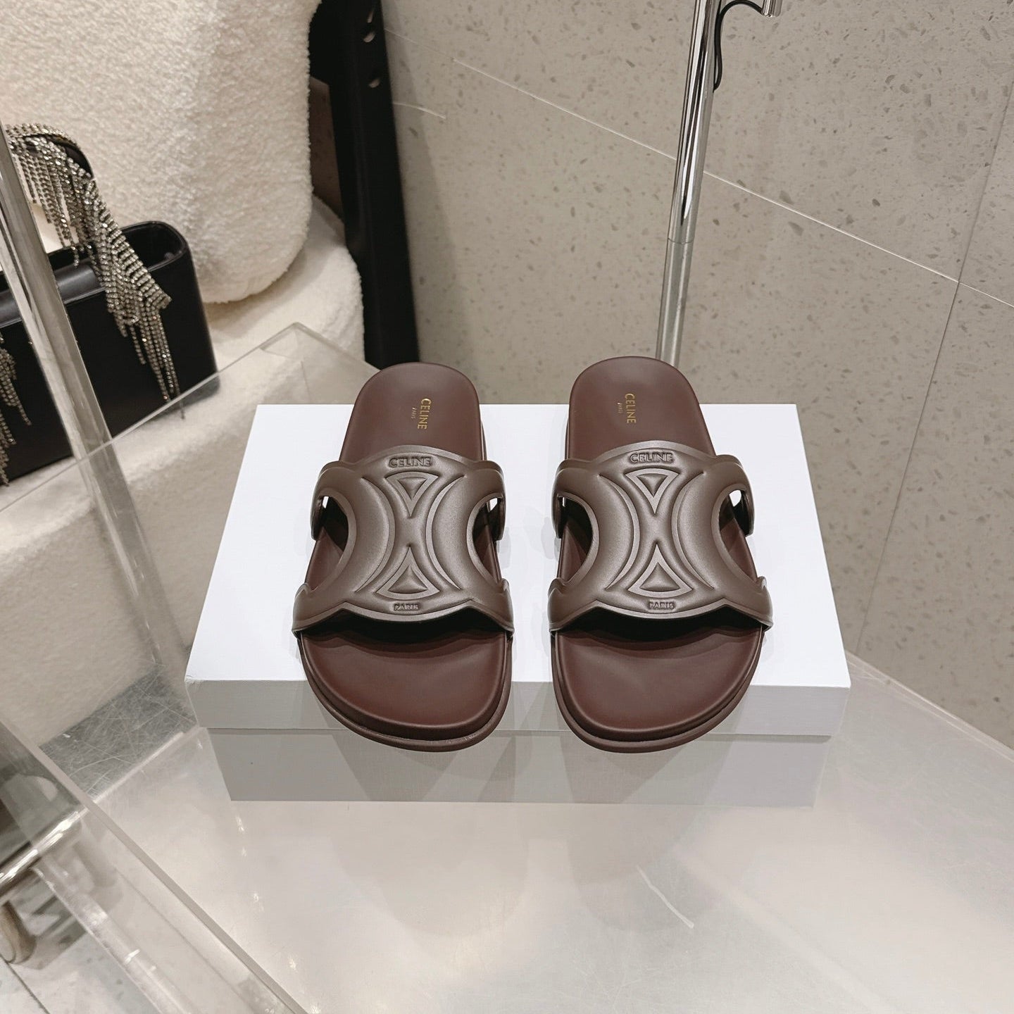 CELINE 26S TRIOMPHE SLIDES IN DARK BROWN CALFSKIN