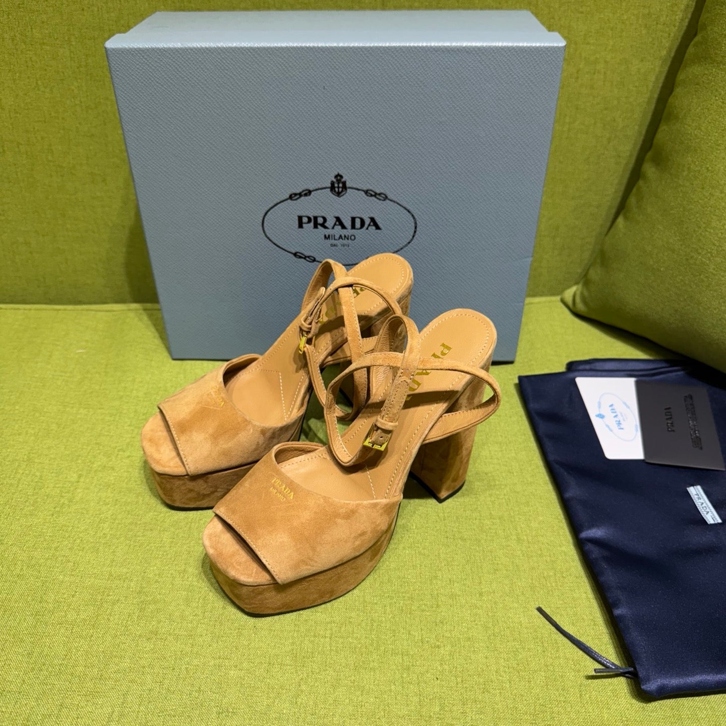 PRADA 25S HIGH-HEEL SANDALS 140 MM IN CARAMEL BROWN SUEDE STYLE 6 - 35