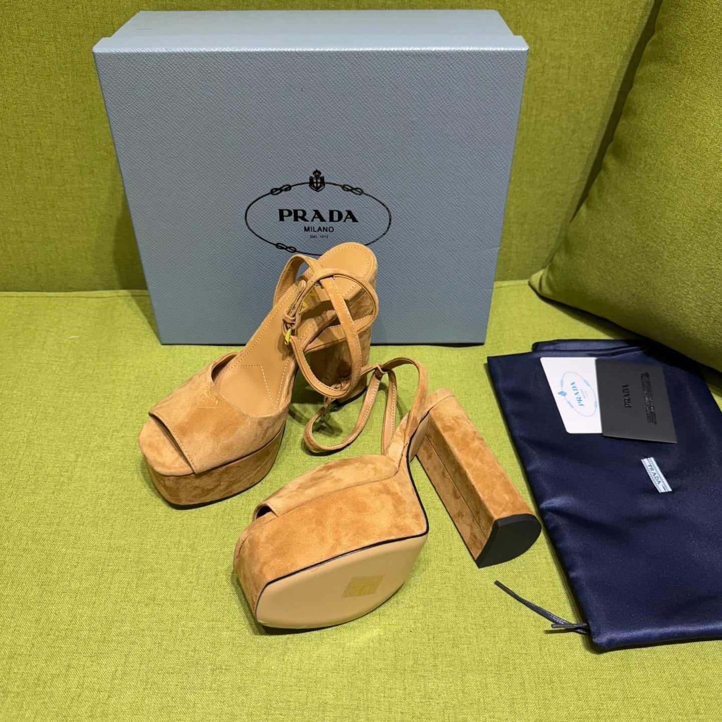 PRADA 25S HIGH-HEEL SANDALS 140 MM IN CARAMEL BROWN SUEDE STYLE 6 - 35