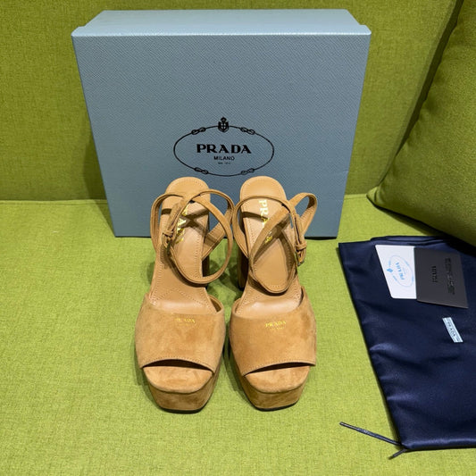 PRADA 25S HIGH-HEEL SANDALS 140 MM IN CARAMEL BROWN SUEDE STYLE 6 - 35