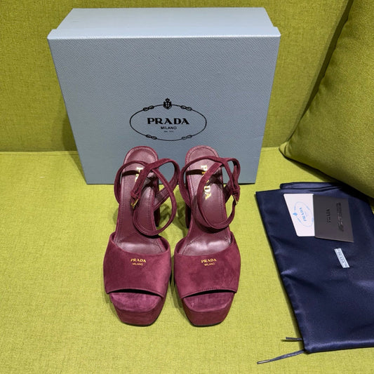 PRADA 25S HIGH-HEEL SANDALS 140 MM IN DEEP WINE RED SUEDE STYLE 5 - 35