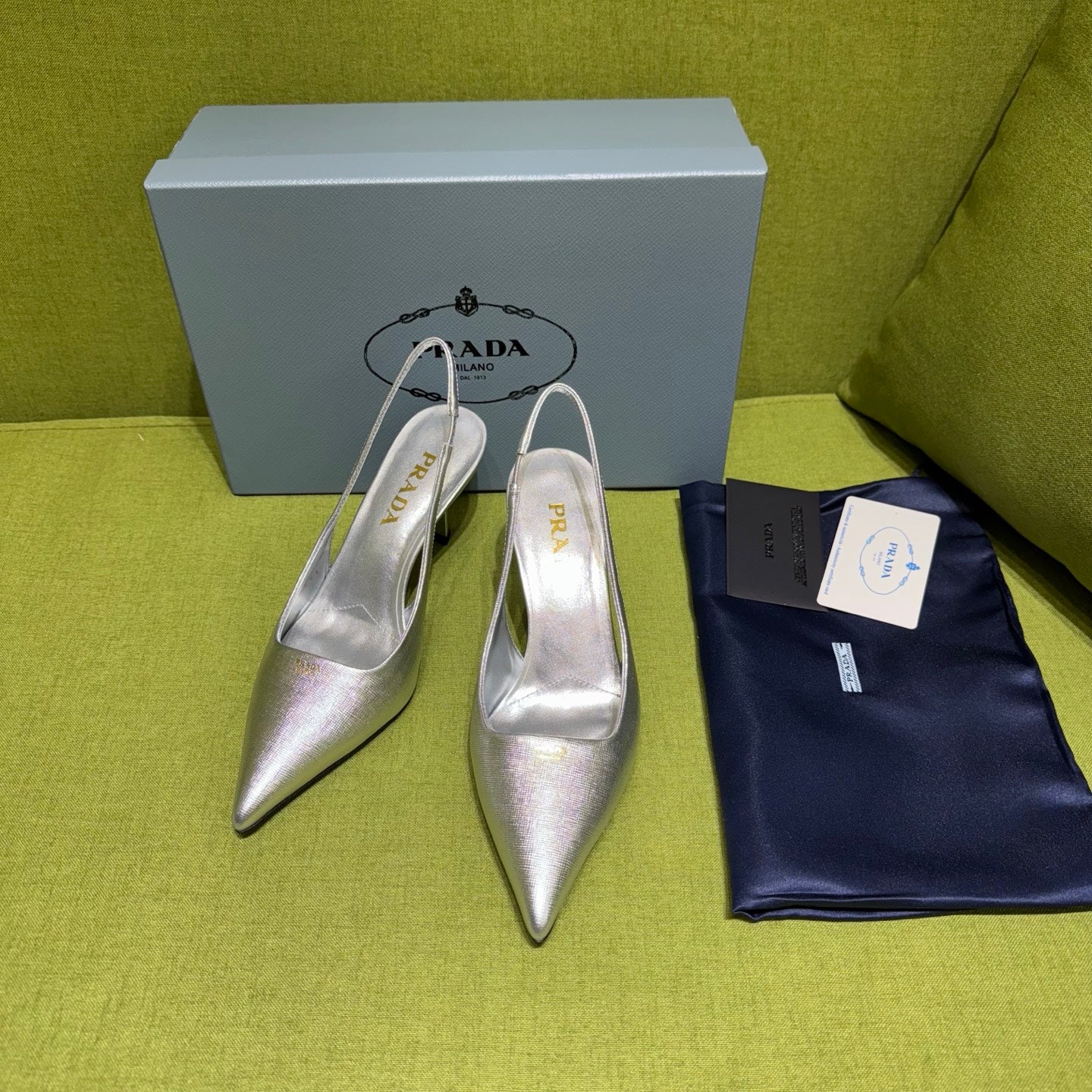 PRADA 25S SLINGBACK HIGH HEELS 75 MM IN SILVER SHEEPSKIN - 35