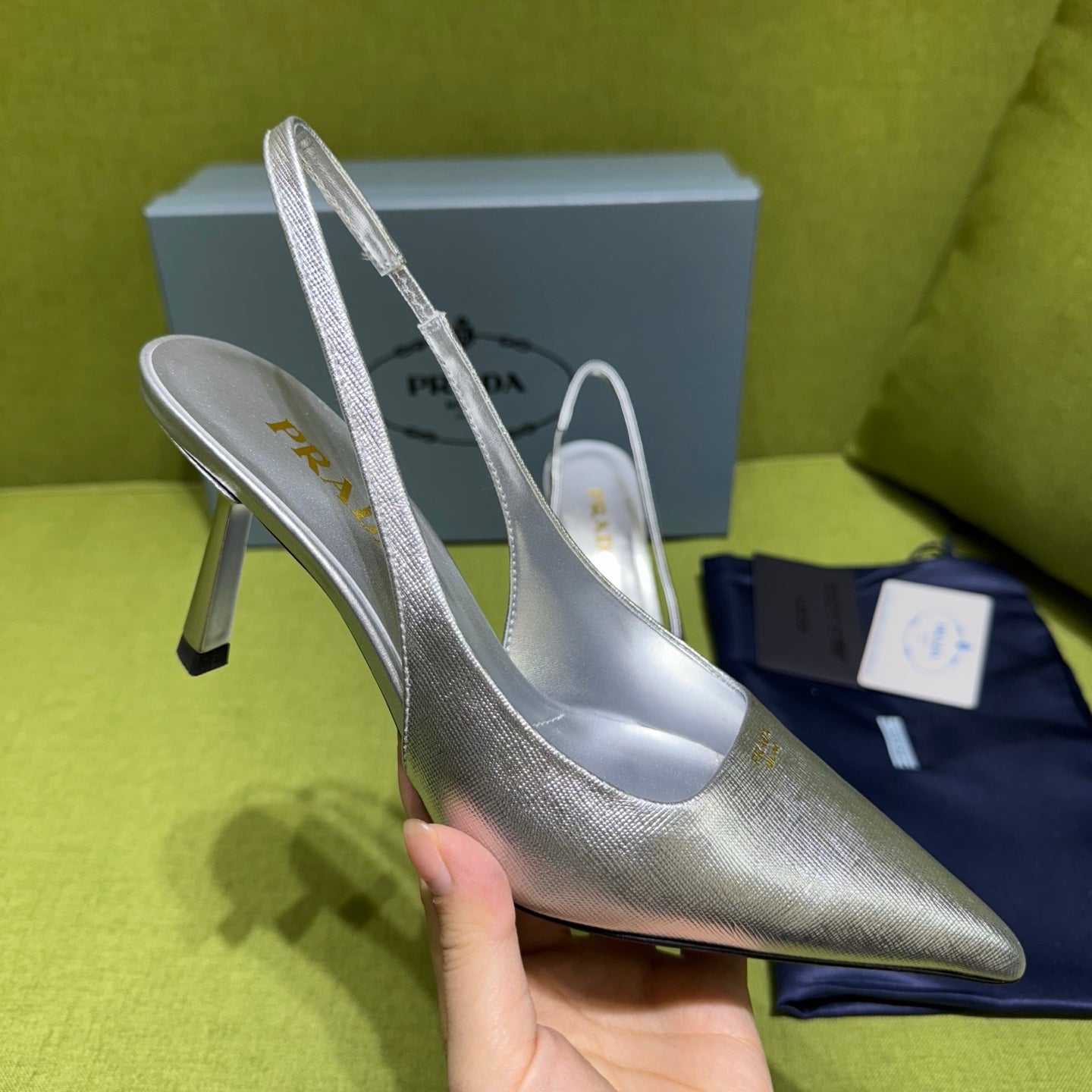 PRADA 25S SLINGBACK HIGH HEELS 75 MM IN SILVER SHEEPSKIN - 35