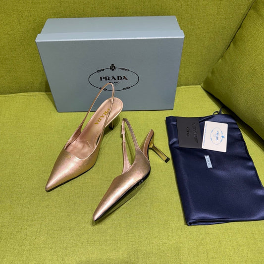 PRADA 25S SLINGBACK HIGH HEELS 75 MM IN ROSE GOLD SHEEPSKIN - 35