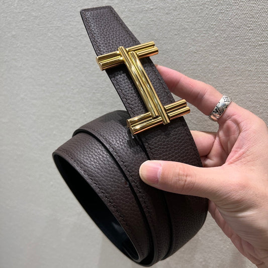 HM TRAVERSE BELT BUCKLE & REVERSIBLE CHOCOLATE BROWN AND BLACK LEATHER STRAP 38 MM GOLD HARDWARE - 30