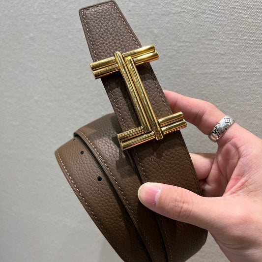 HM TRAVERSE BELT BUCKLE & REVERSIBLE COFFEE BROWN AND BLACK LEATHER STRAP 38 MM GOLD HARDWARE - 30