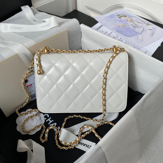CHANEL 25S MINI FLAP BAG 22 З БІЛОЇ ТЕЛЯЧОЇ ШКІРИ ІЗ ЗОЛОТИСТОЮ ФУРНІТУРОЮ