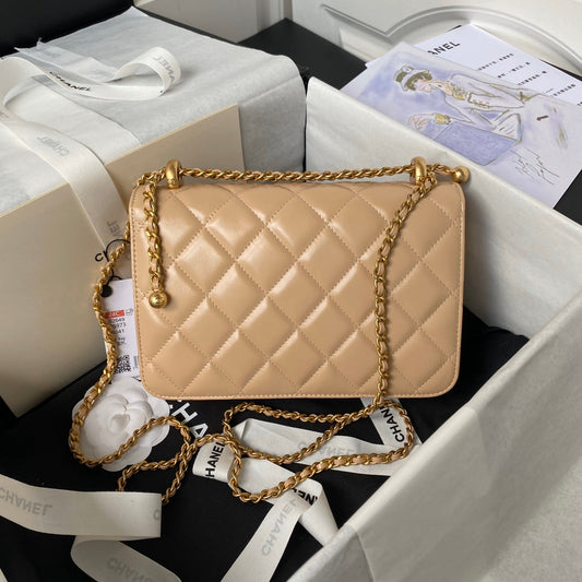 CHANEL 25S MINI-СУМКА-ФЛЕП 22 З ТЕЛЯЧОЇ ШКІРИ КОЛЬОРУ TAN BROWN, ЗОЛОТА ФУРНІТУРА