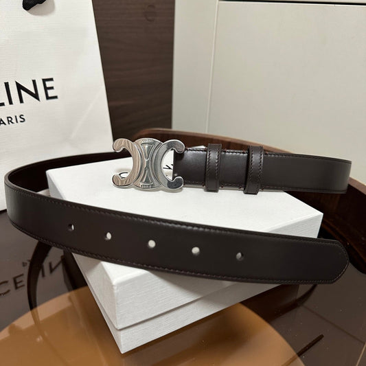 TRIOMPHE BELT 30MM IN DARK BROWN CALFSKIN WITH SILVER BUCKLE - 30
