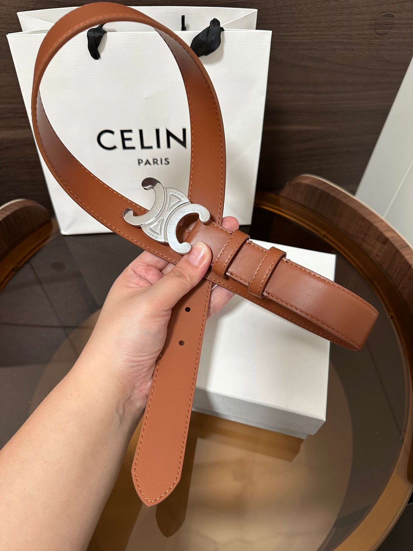 TRIOMPHE BELT 30MM IN BROWN CALFSKIN WITH SILVER BUCKLE - 30