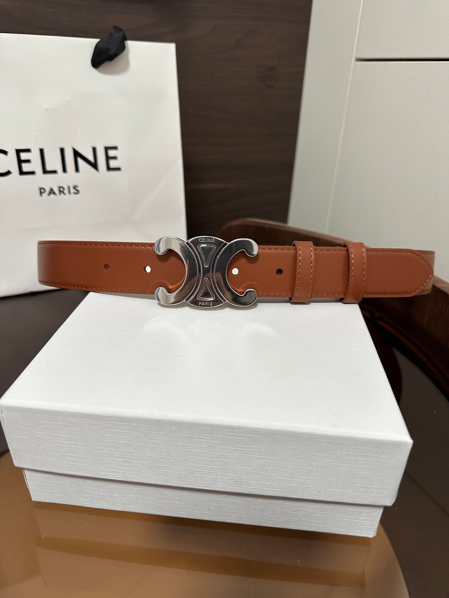 TRIOMPHE BELT 30MM IN BROWN CALFSKIN WITH SILVER BUCKLE - 30