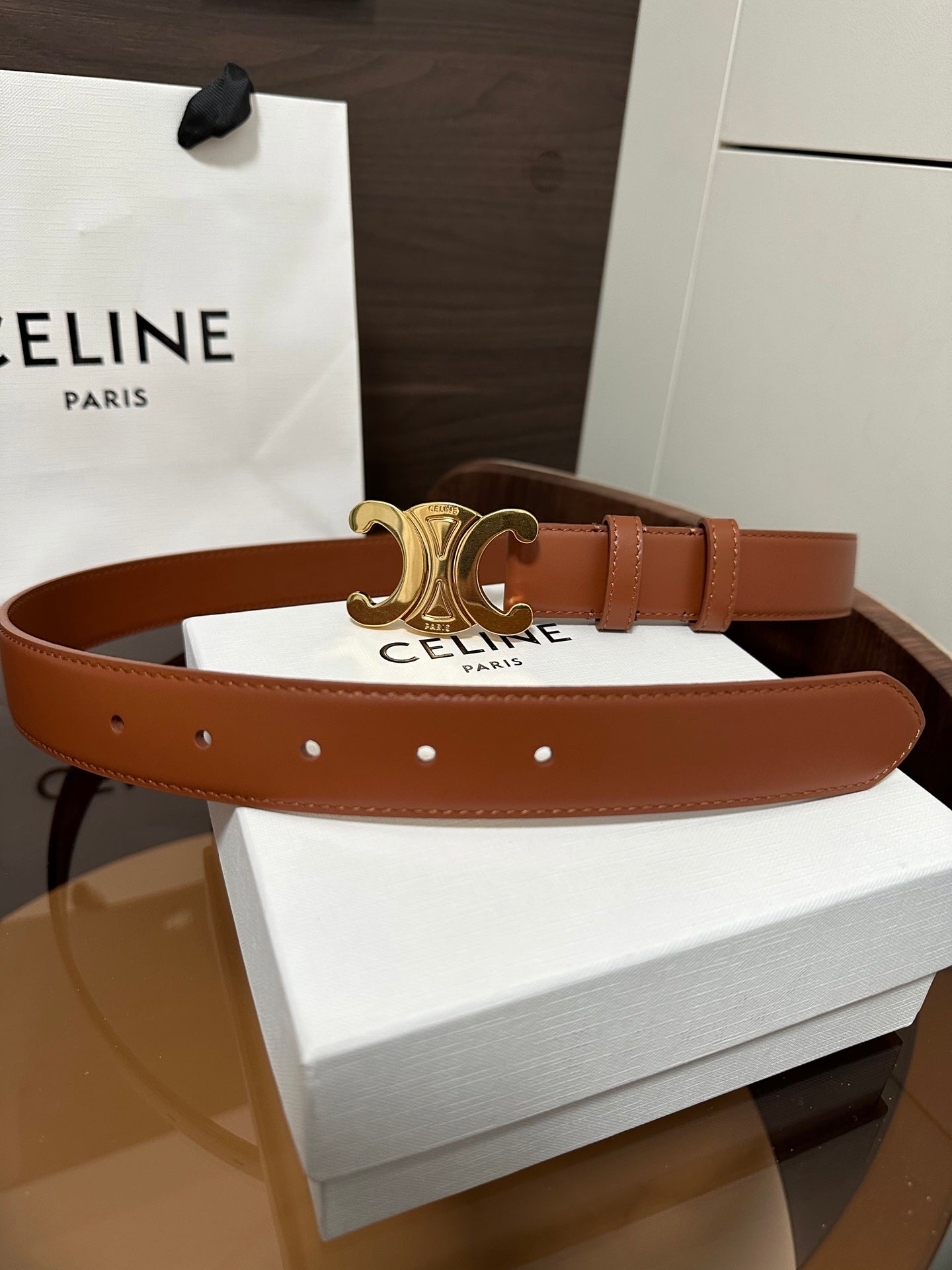 TRIOMPHE BELT 30MM IN BROWN CALFSKIN WITH GOLD BUCKLE - 30