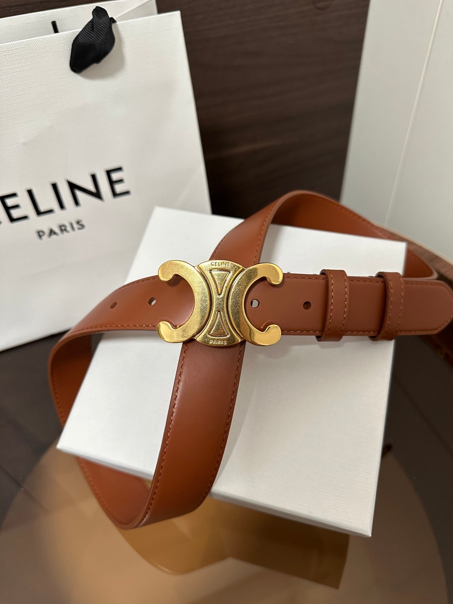TRIOMPHE BELT 30MM IN BROWN CALFSKIN WITH GOLD BUCKLE - 30