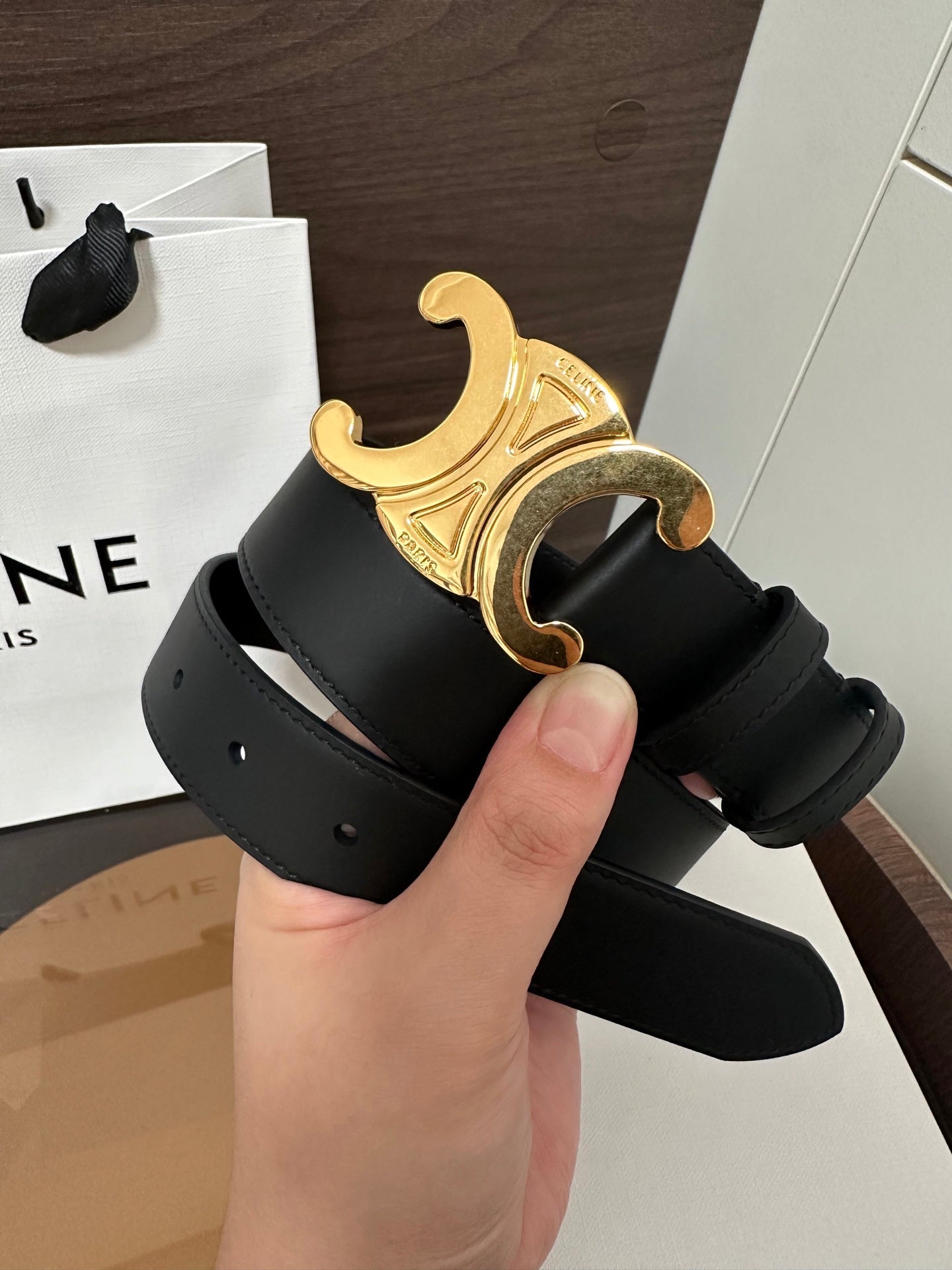 TRIOMPHE BELT 30MM IN BLACK CALFSKIN WITH GOLD BUCKLE - 30