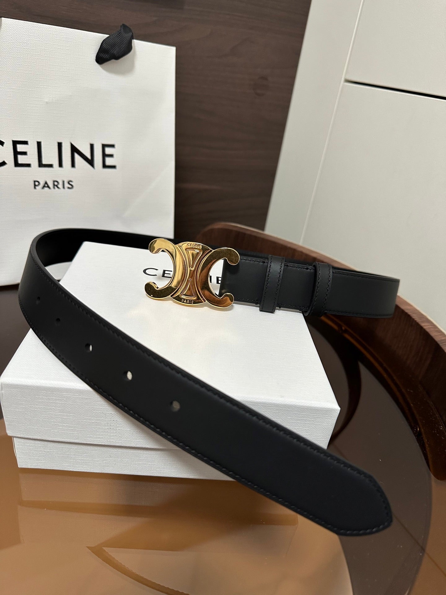 TRIOMPHE BELT 30MM IN BLACK CALFSKIN WITH GOLD BUCKLE - 30