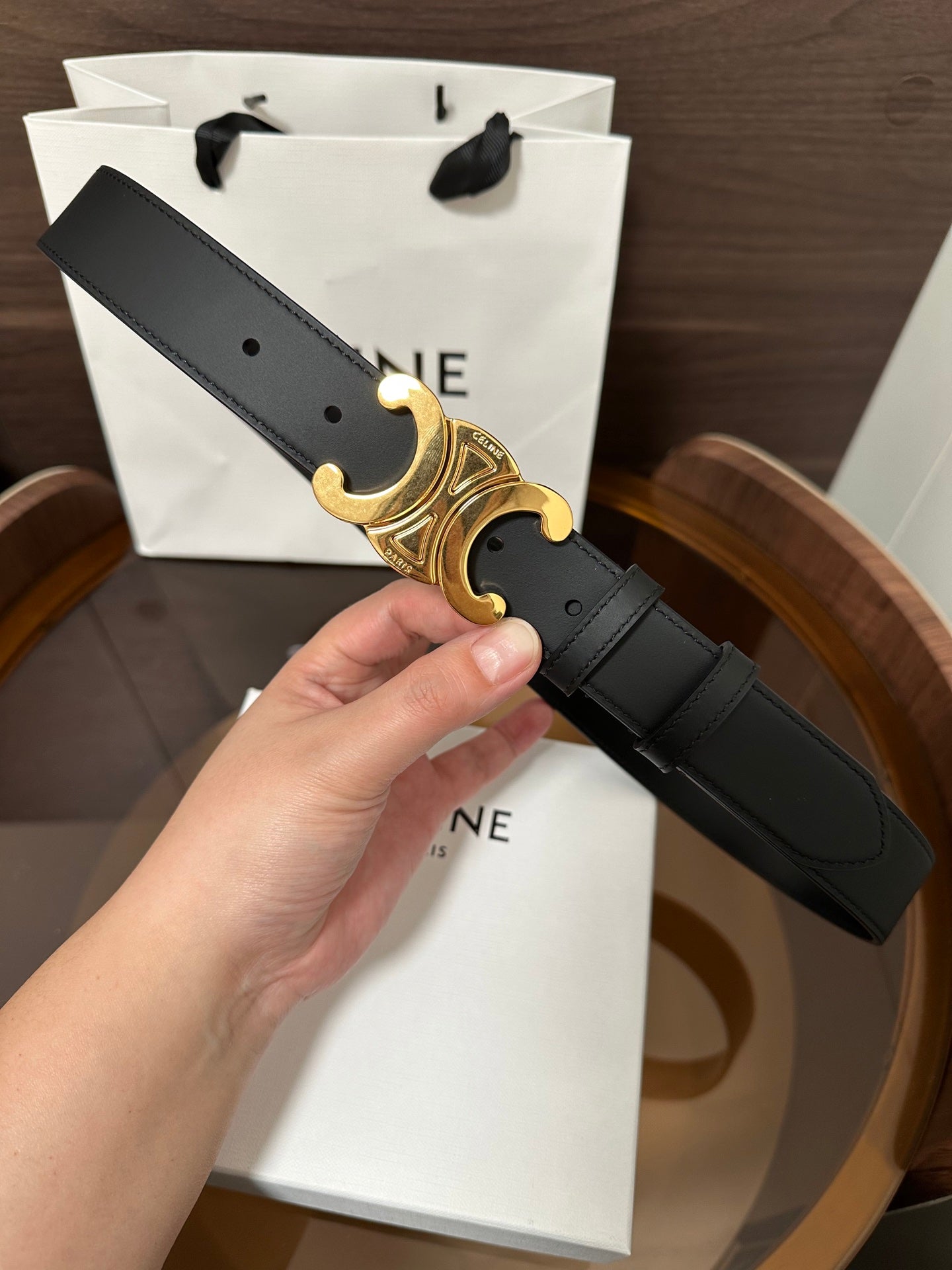 TRIOMPHE BELT 30MM IN BLACK CALFSKIN WITH GOLD BUCKLE - 30