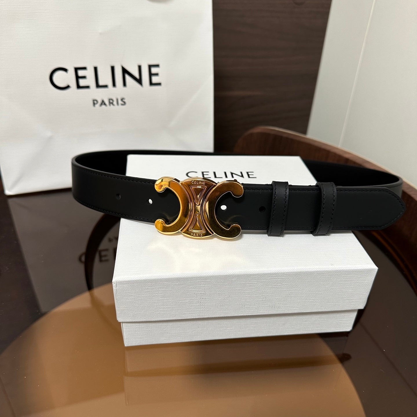 TRIOMPHE BELT 30MM IN BLACK CALFSKIN WITH GOLD BUCKLE - 30