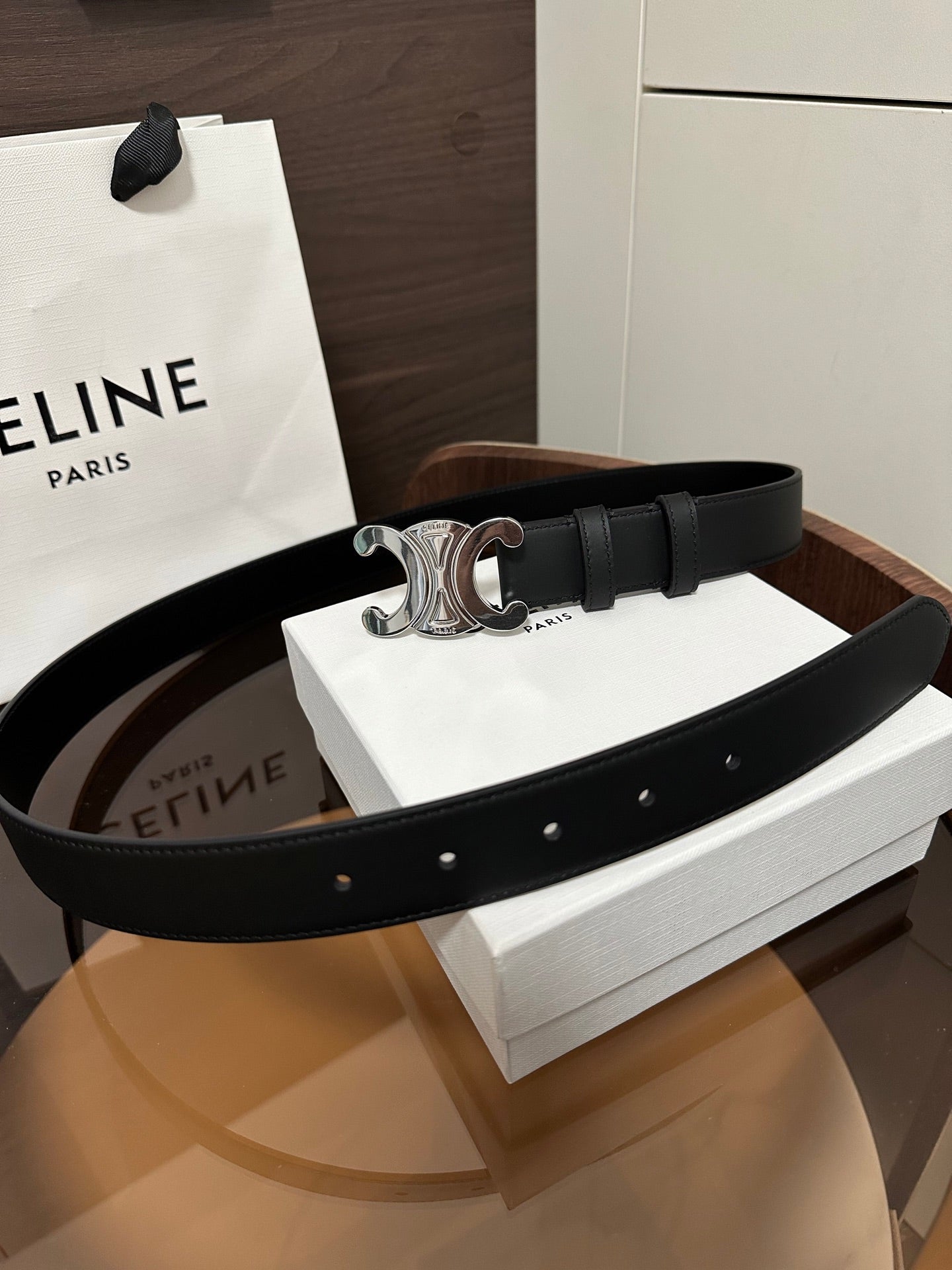TRIOMPHE BELT 30MM IN BLACK CALFSKIN WITH SILVER BUCKLE - 30