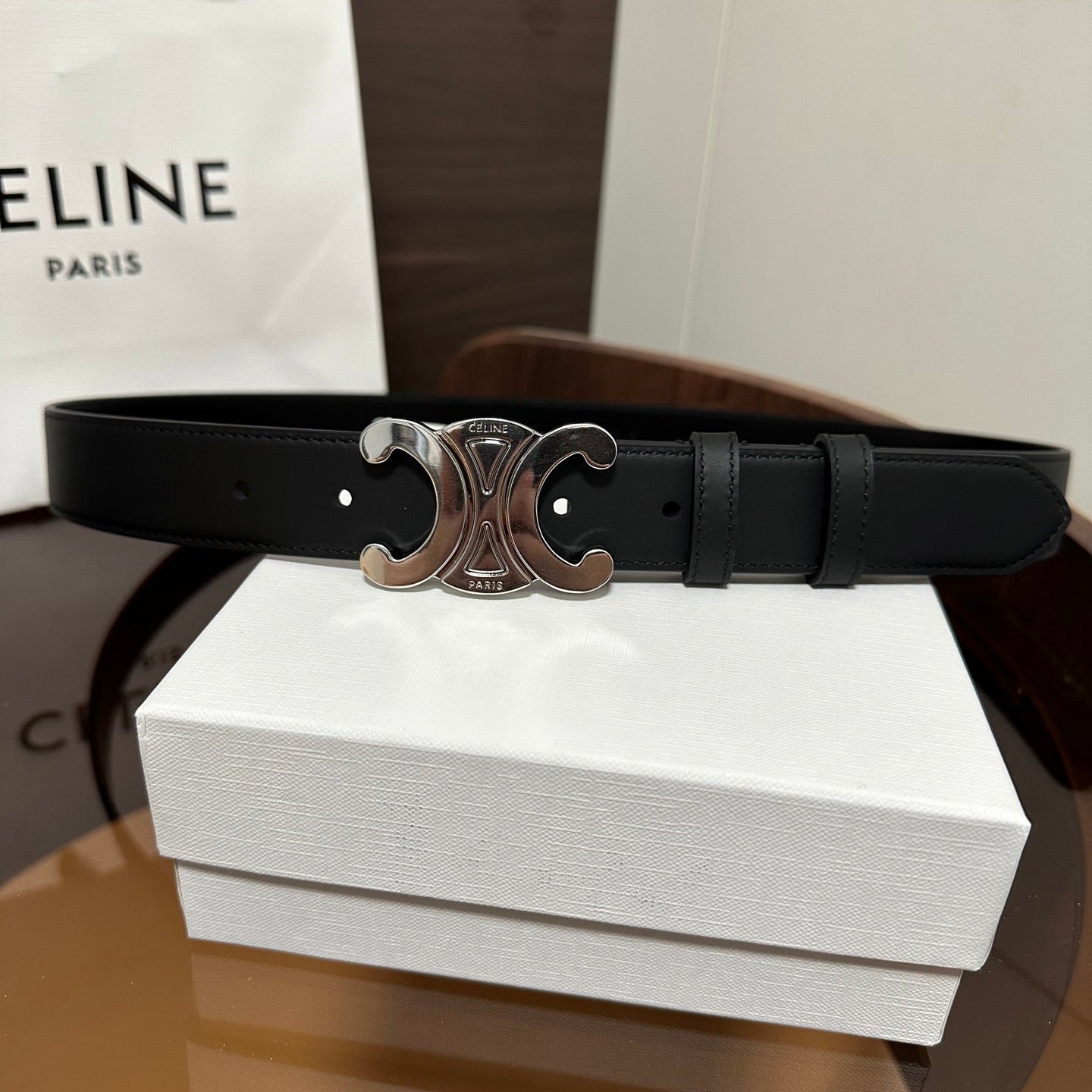 TRIOMPHE BELT 30MM IN BLACK CALFSKIN WITH SILVER BUCKLE - 30