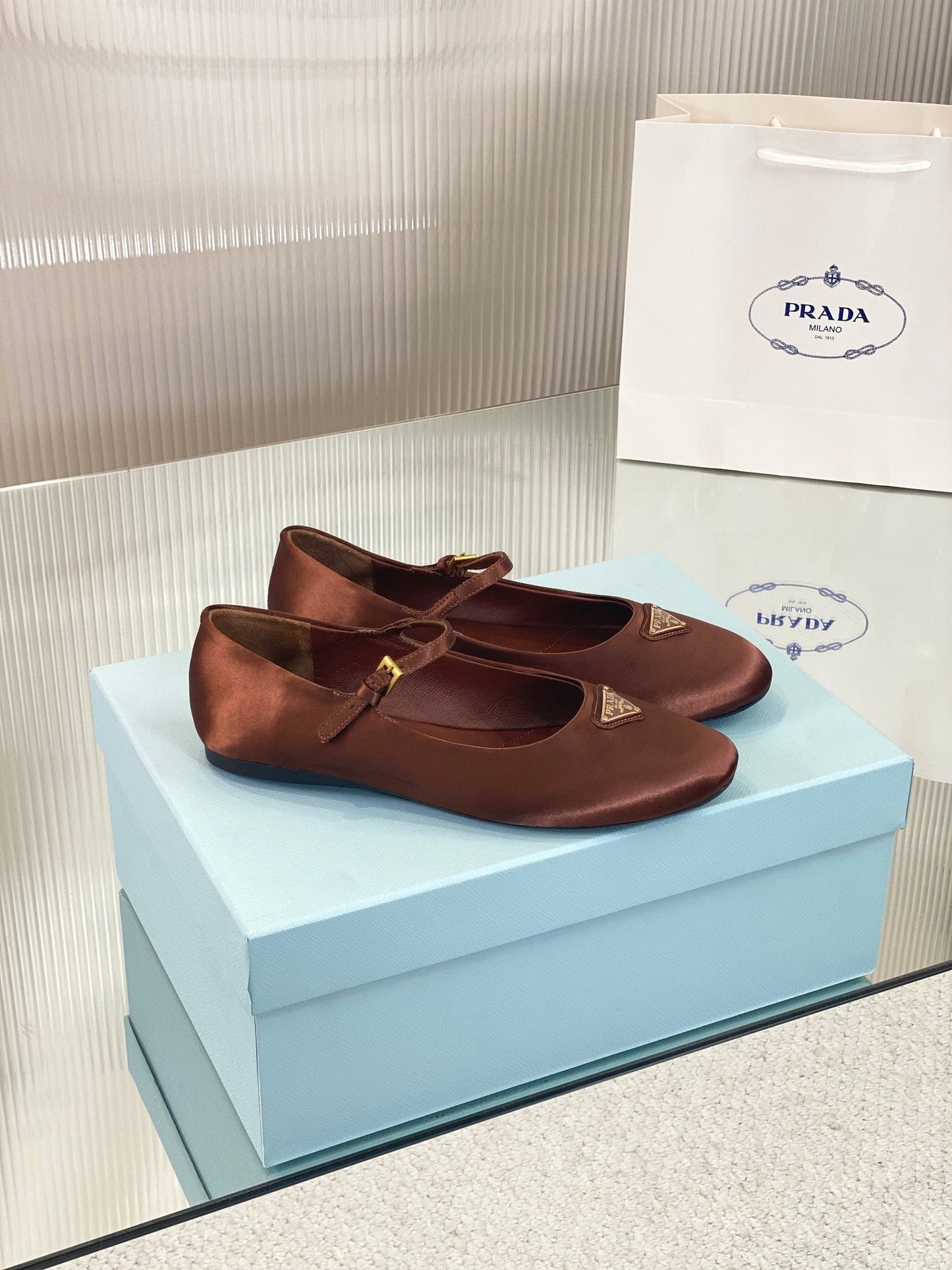 PRA NAPPA MARY JANE FLAT BROWN SATIN - 35