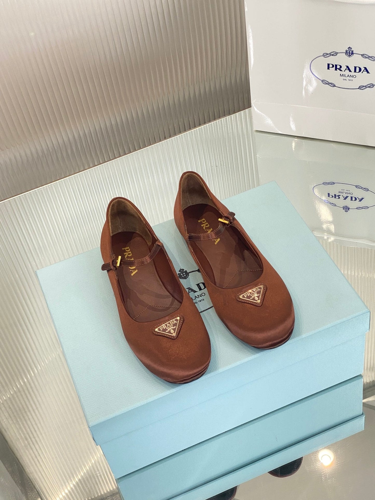 PRA NAPPA MARY JANE FLAT BROWN SATIN - 35