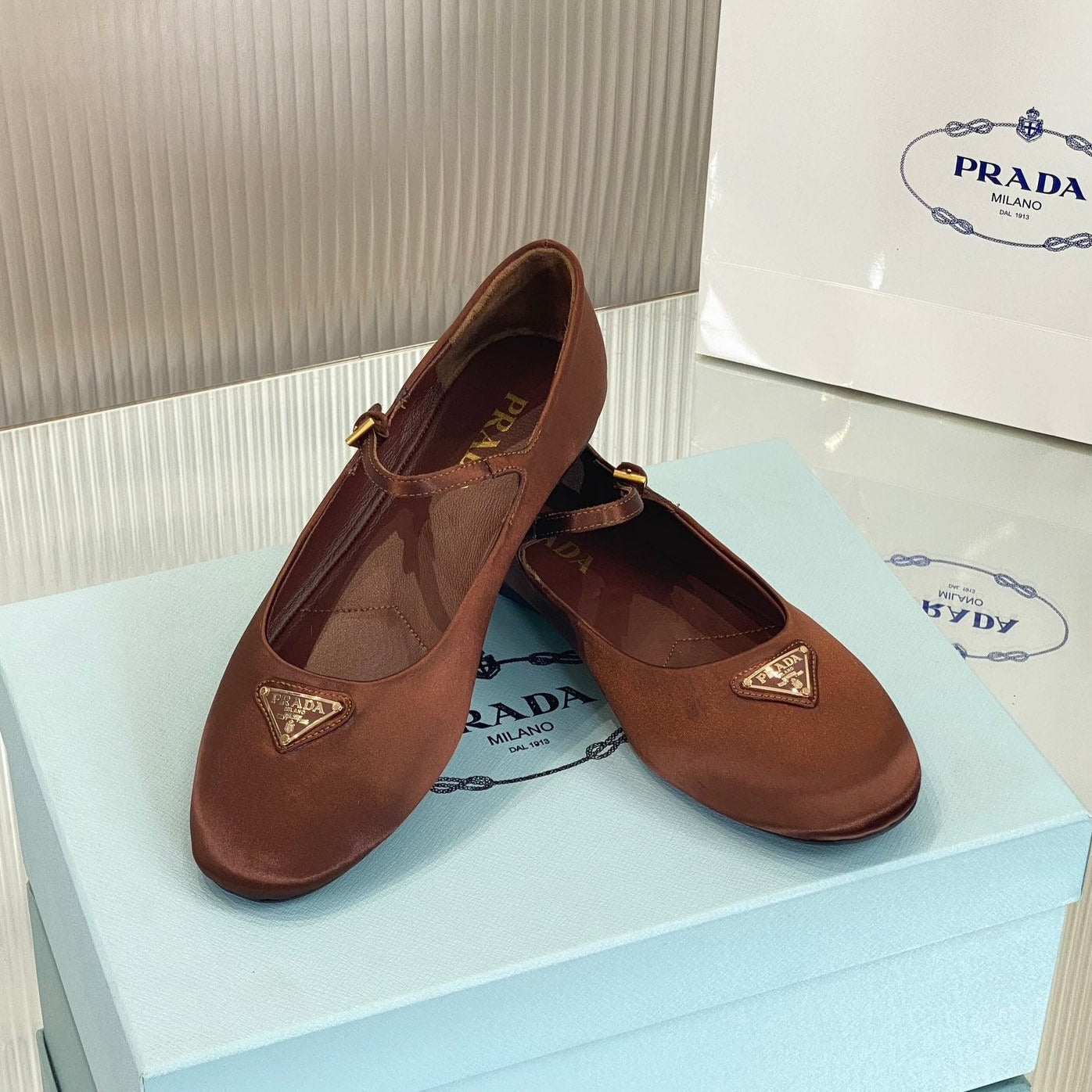 PRA NAPPA MARY JANE FLAT BROWN SATIN - 35