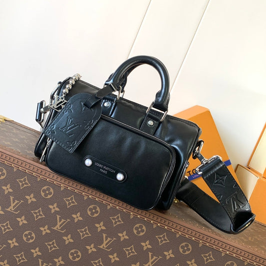 LV 25S KEEPALL CARGO BANDOULIÈRE 25 IN BLACK CALFSKIN SILVER HARDWARE