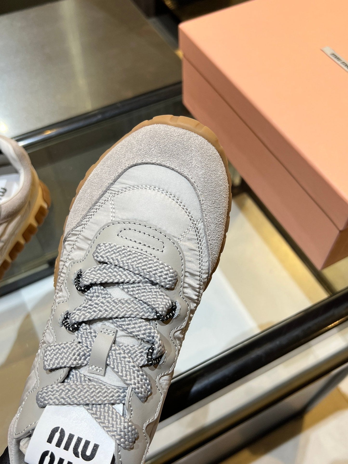 MIUMIU 26S SNEAKERS IN GRAY FABRIC AND SUEDE