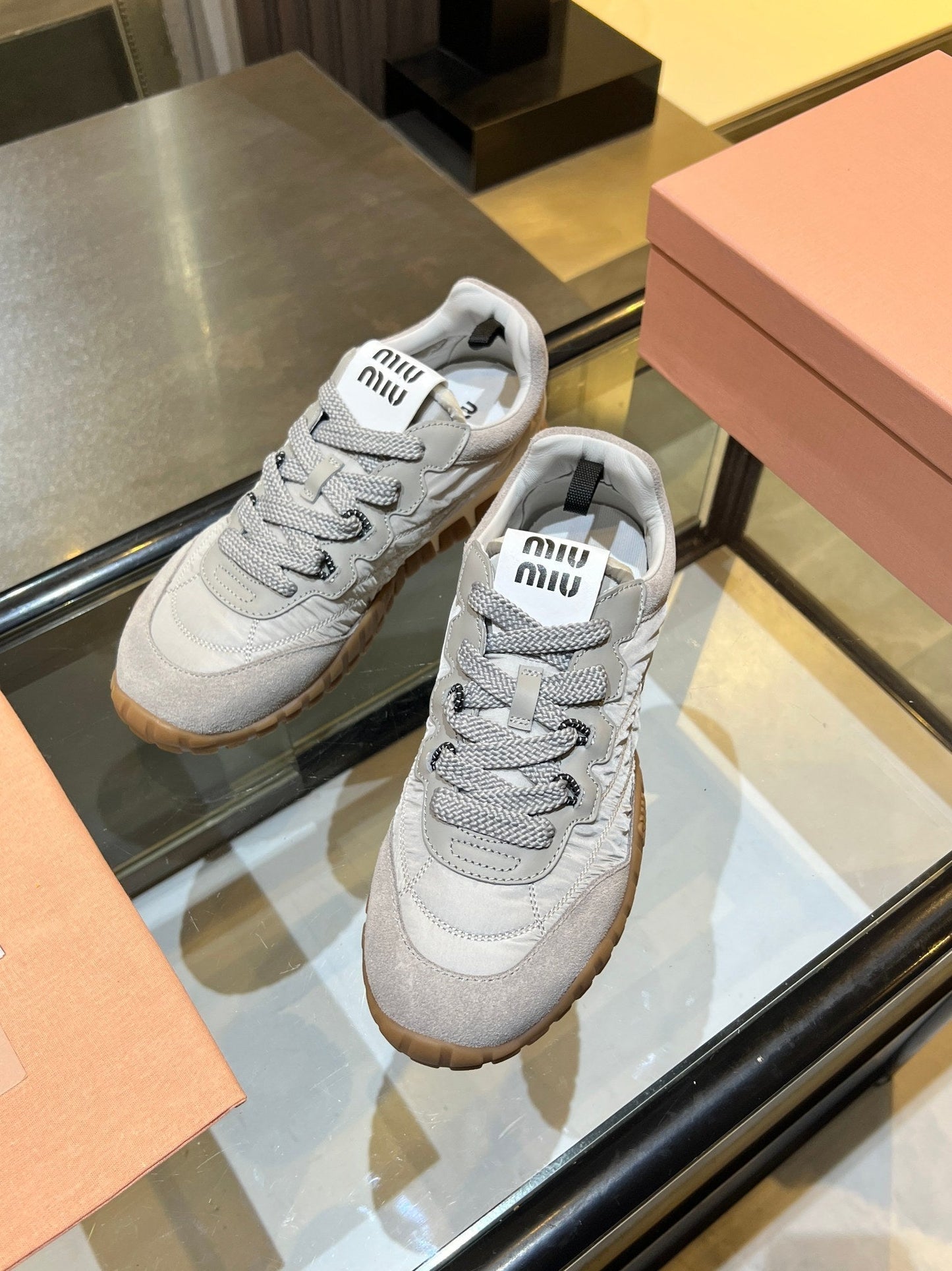 MIUMIU 26S SNEAKERS IN GRAY FABRIC AND SUEDE