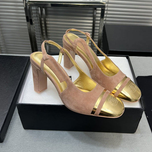 slingback rose suede gold metalic lambskin square toe 9.5 - 35