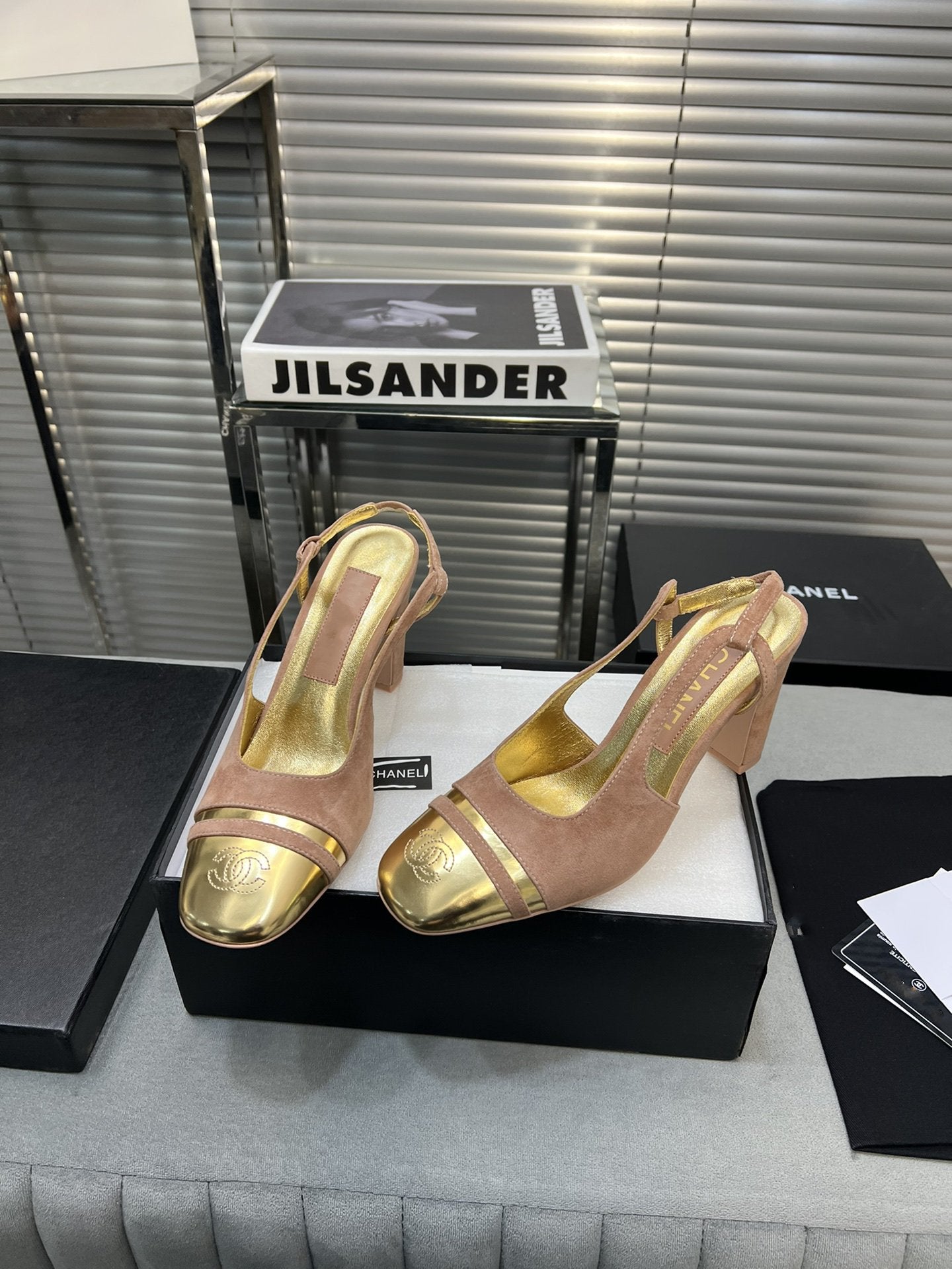slingback rose suede gold metalic lambskin square toe 9.5 - 35