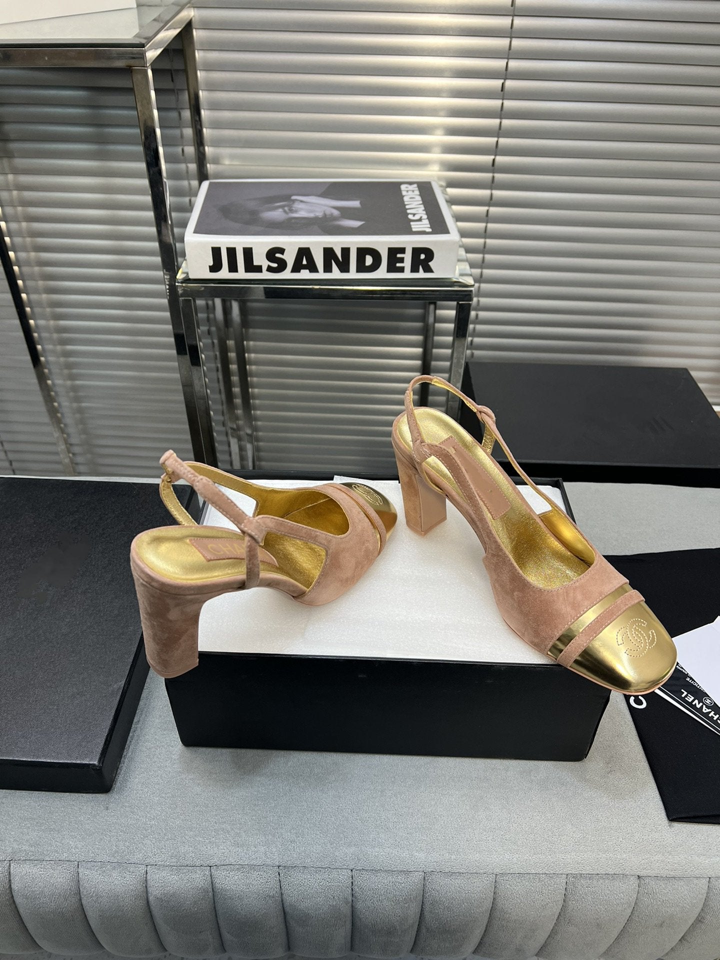 slingback rose suede gold metalic lambskin square toe 9.5 - 35