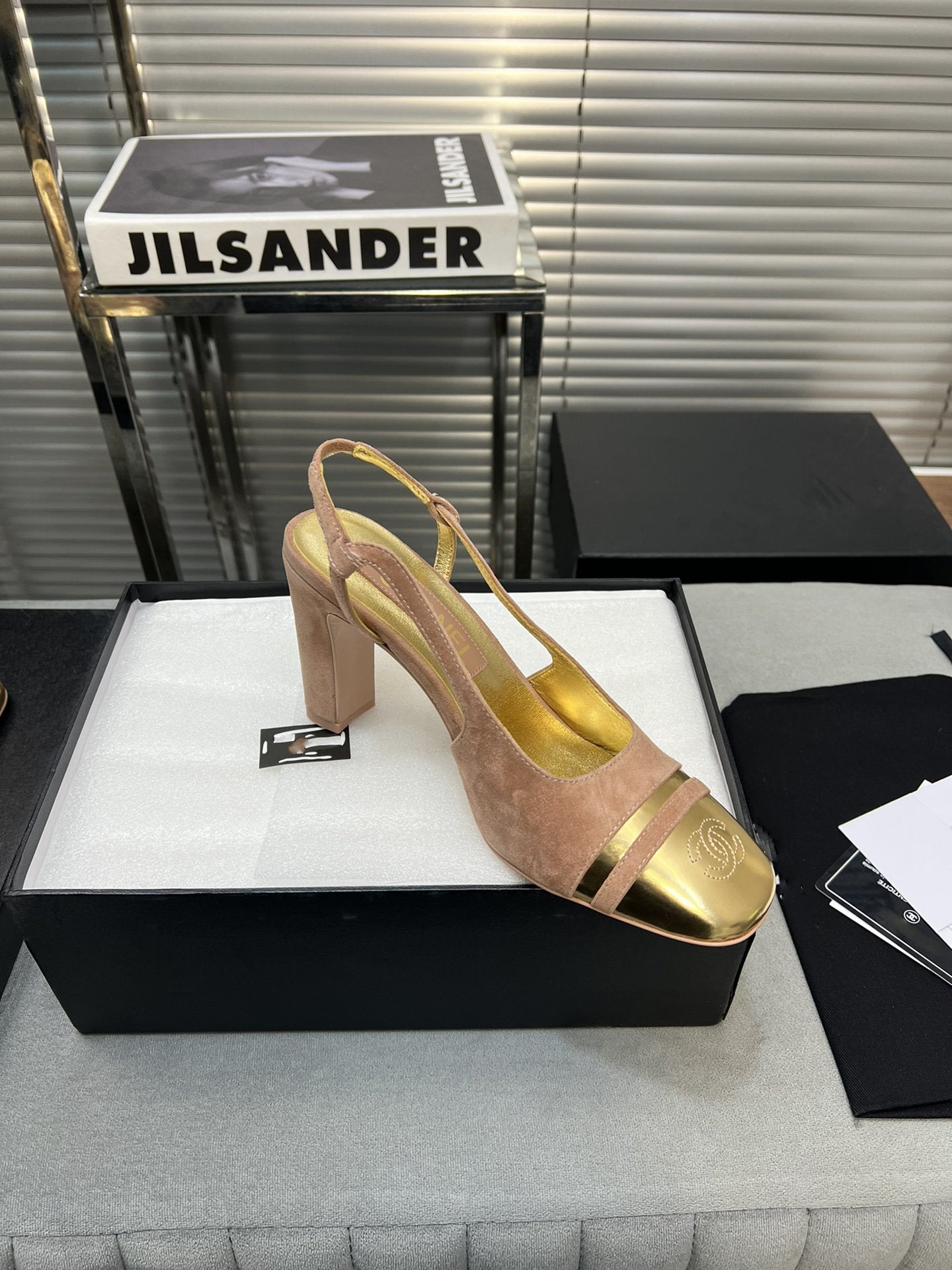 slingback rose suede gold metalic lambskin square toe 9.5 - 35