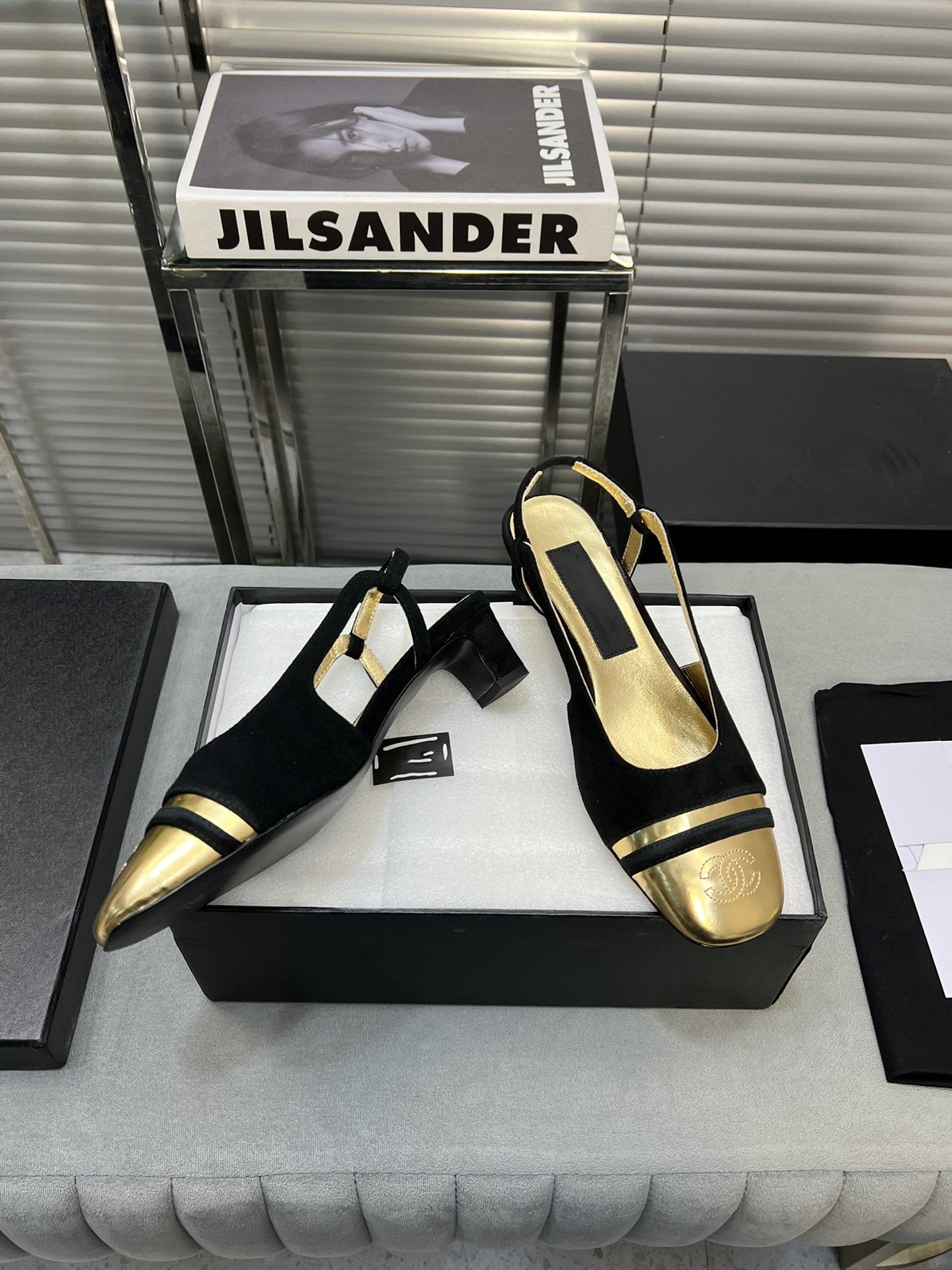 slingback black suede gold metalic lambskin square toe 5.0 - 35