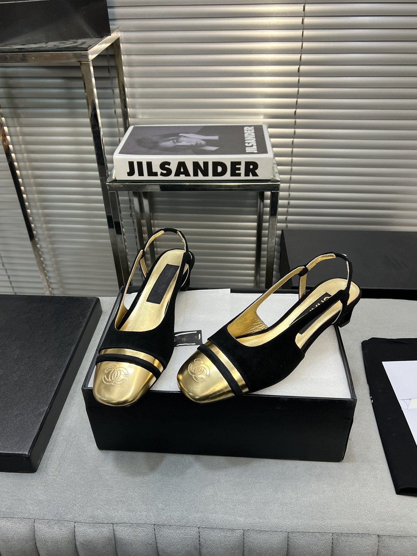 slingback black suede gold metalic lambskin square toe 5.0 - 35