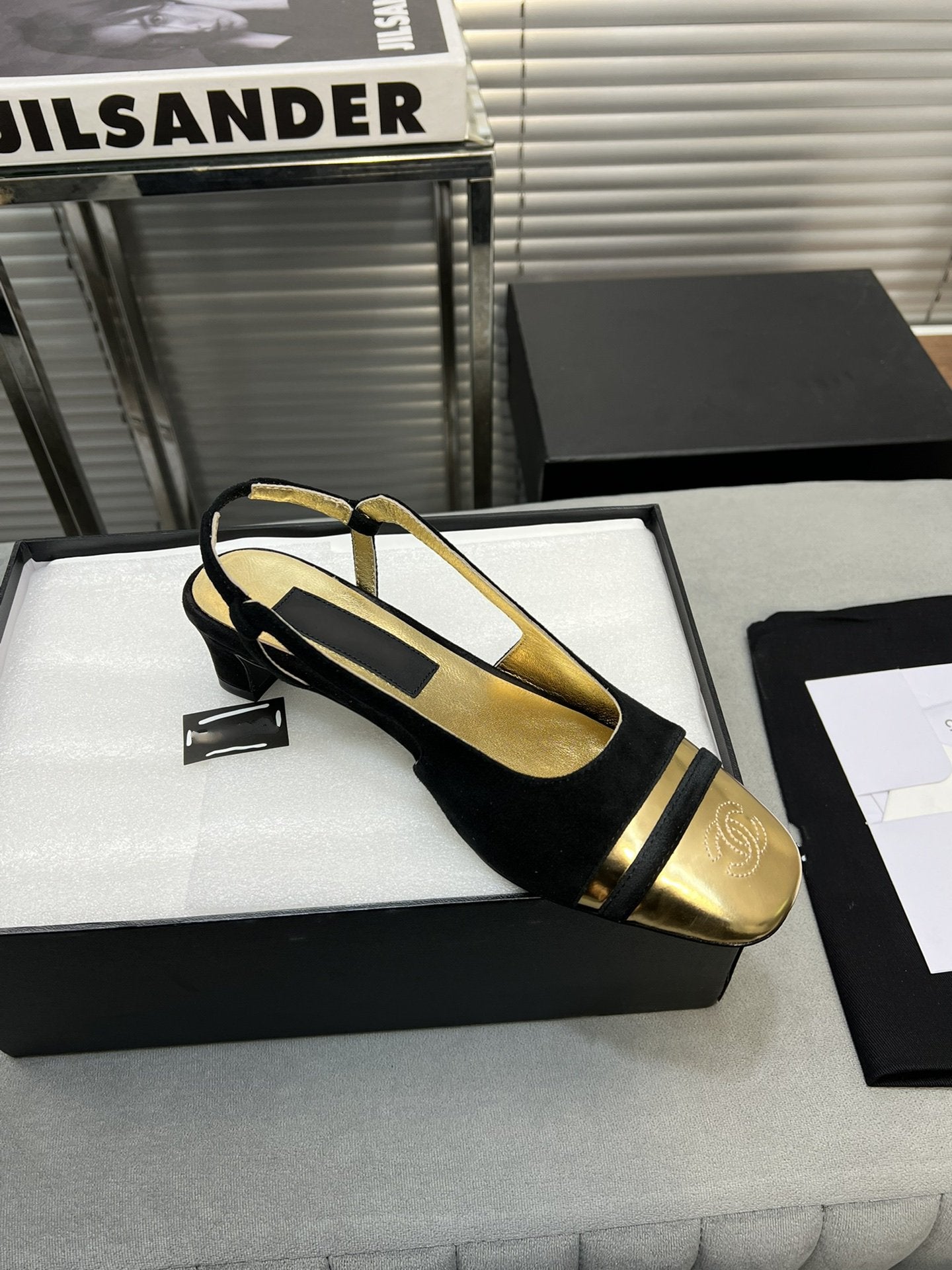 slingback black suede gold metalic lambskin square toe 5.0 - 35