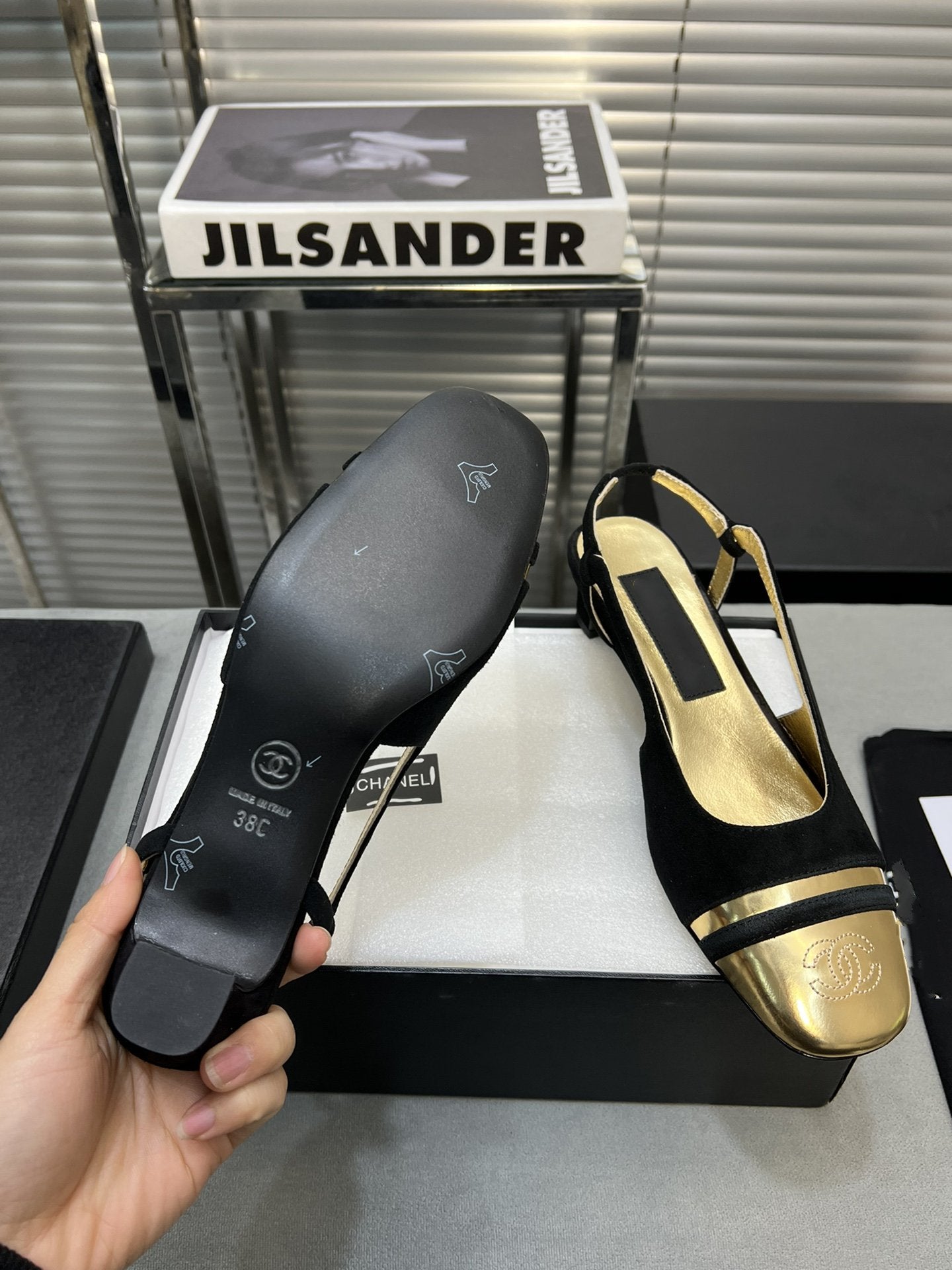 slingback black suede gold metalic lambskin square toe 5.0 - 35