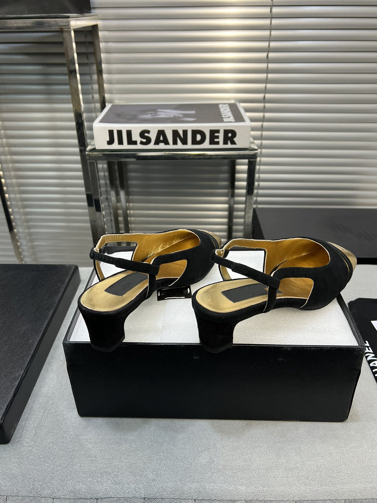 slingback black suede gold metalic lambskin square toe 5.0 - 35