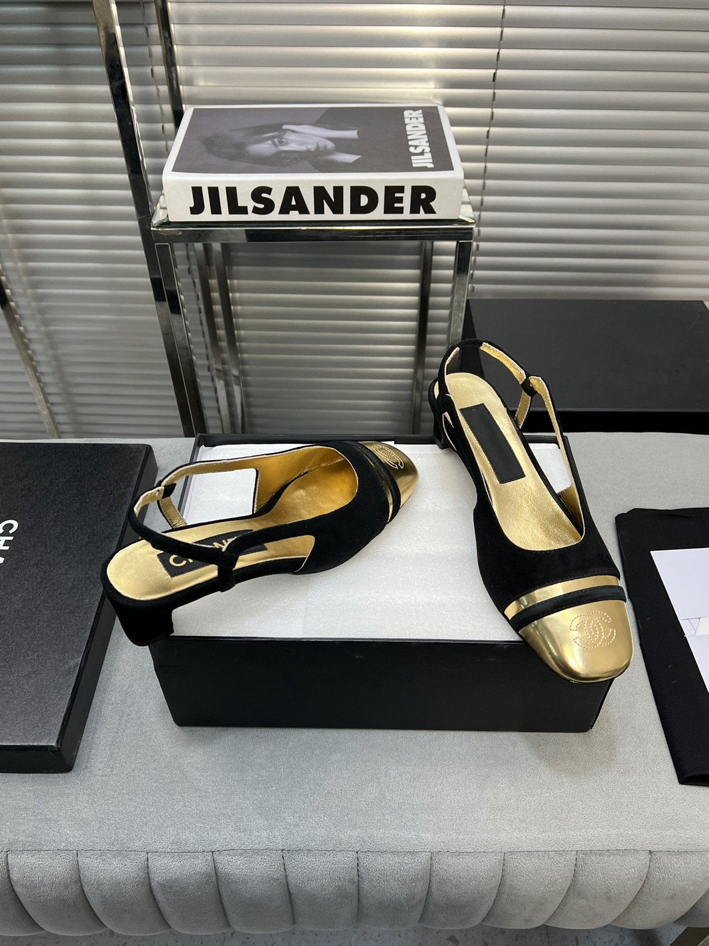 slingback black suede gold metalic lambskin square toe 5.0 - 35