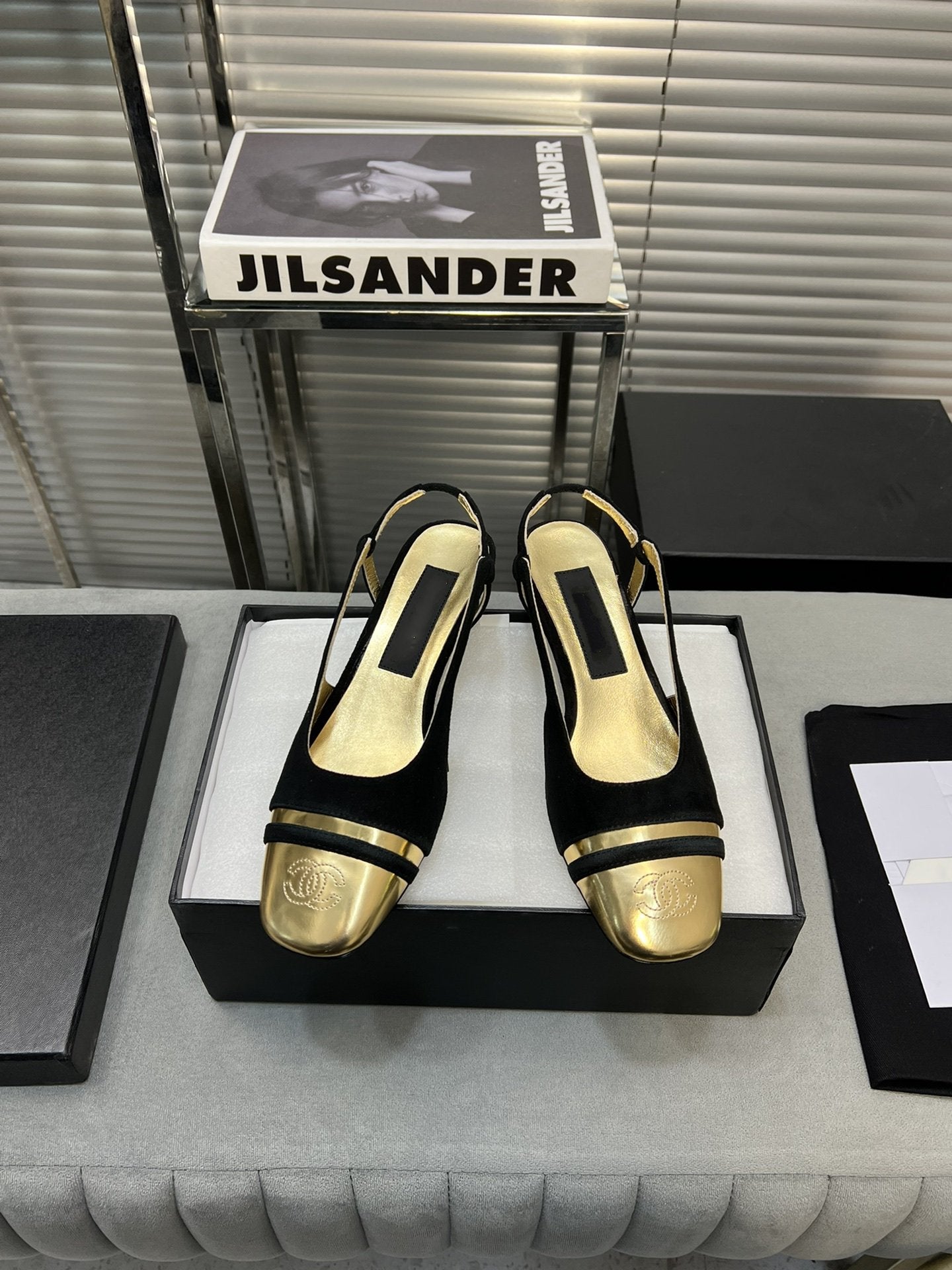 slingback black suede gold metalic lambskin square toe 5.0 - 35