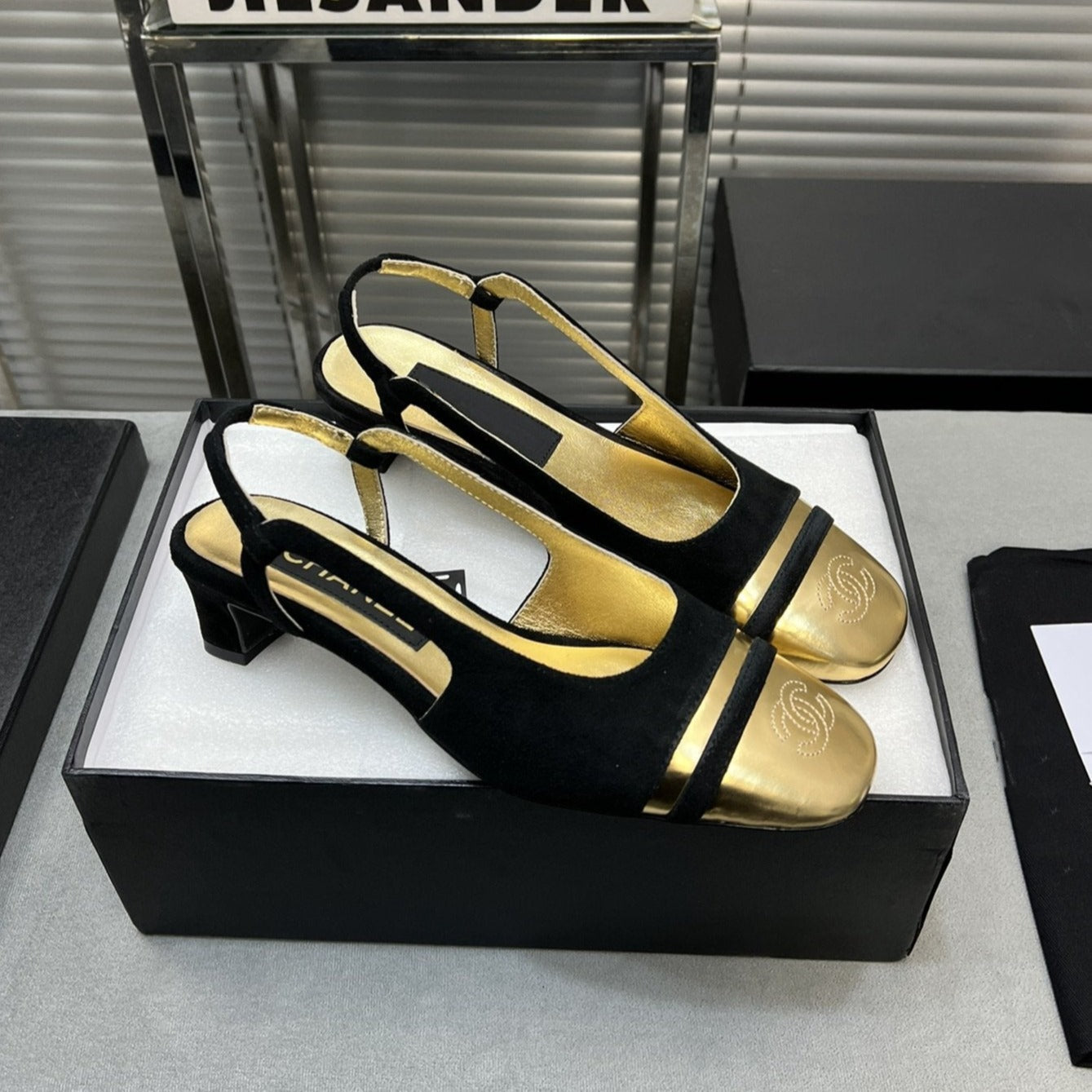slingback black suede gold metalic lambskin square toe 5.0 - 35
