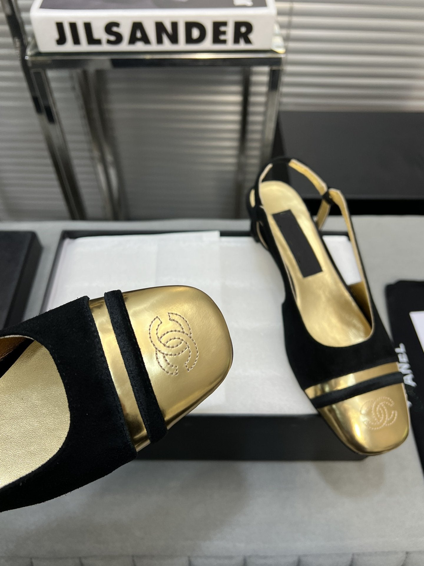 slingback black suede gold metalic lambskin square toe 5.0 - 35