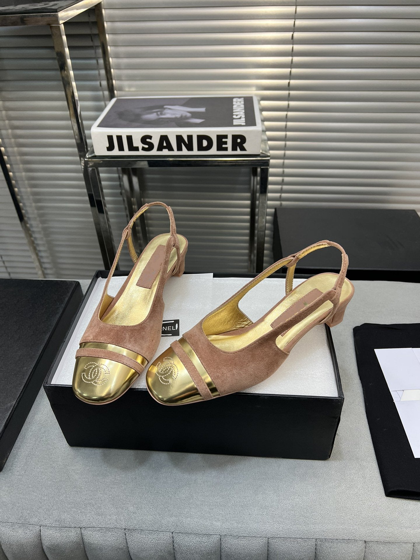 slingback rose suede gold metalic lambskin square toe 5.0 - 35