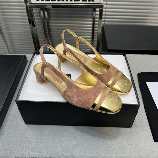slingback rose suede gold metalic lambskin square toe 5.0 - 35