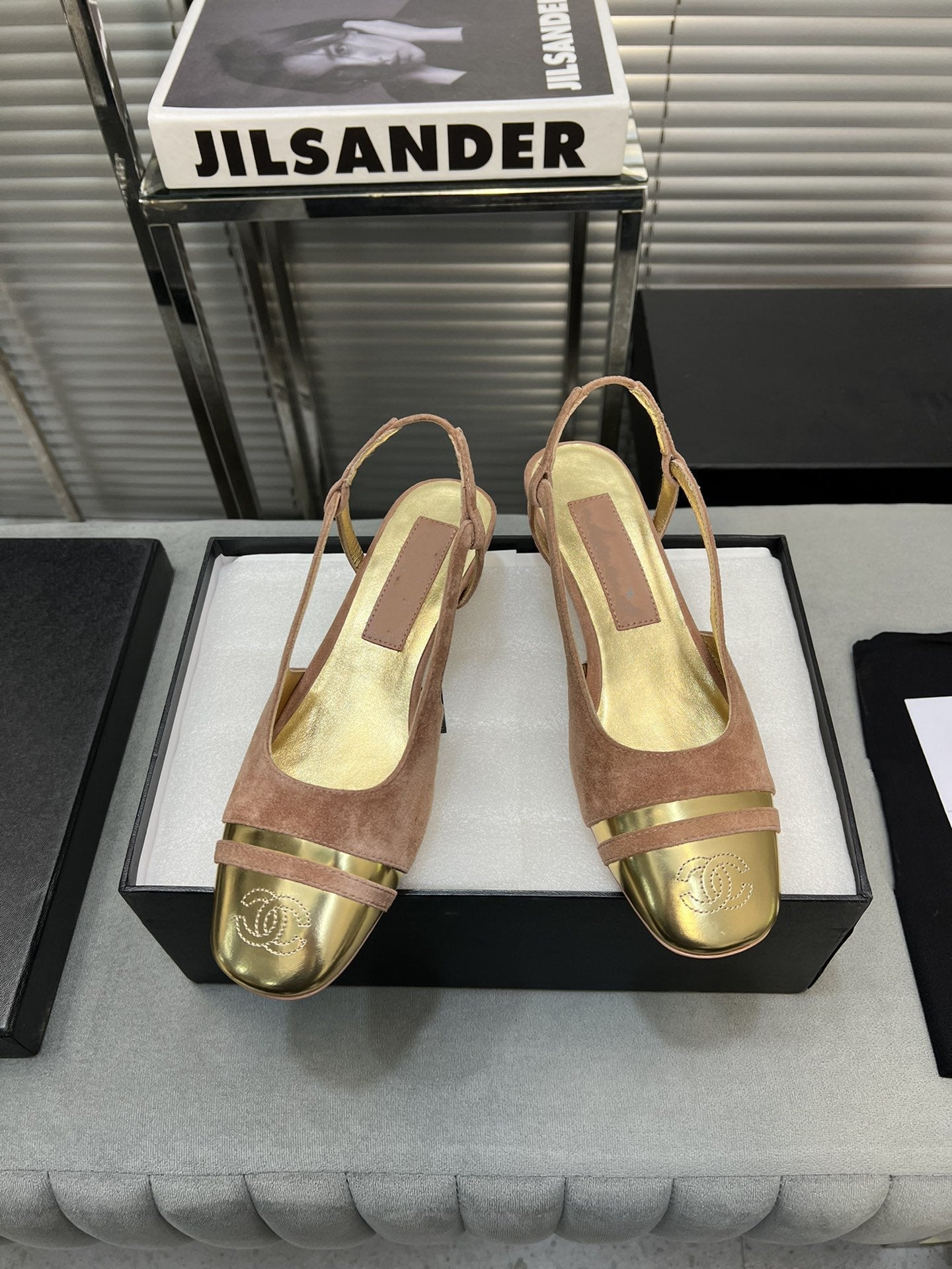 slingback rose suede gold metalic lambskin square toe 5.0 - 35