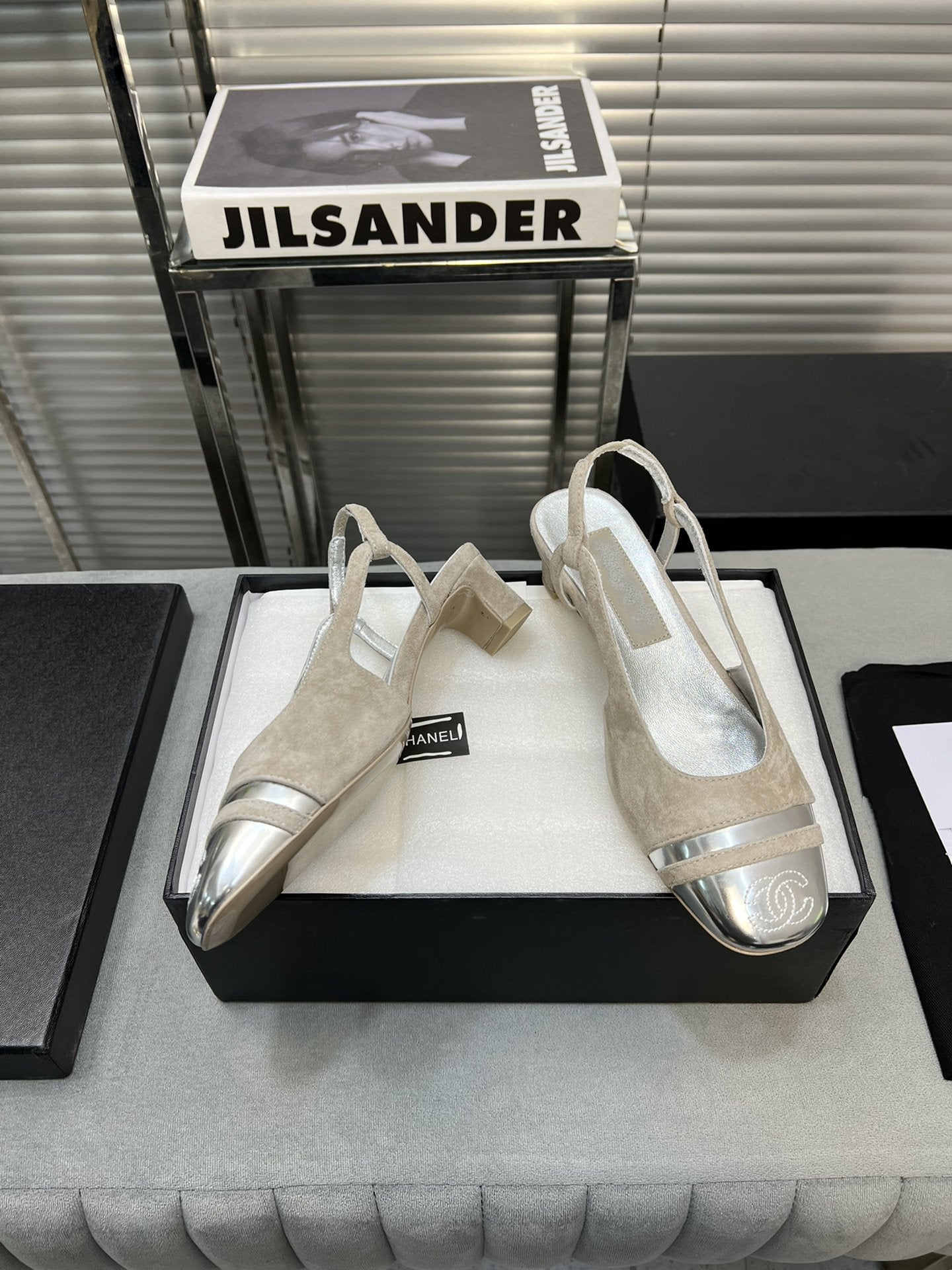 slingback light beige suede silver metalic lambskin square toe 5.0 - 35
